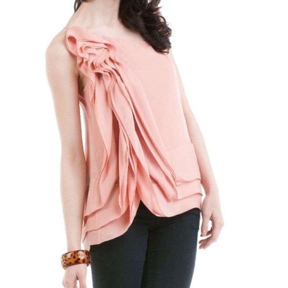 BCBGMaxAzria Blush Pink One Shoulder 100% Silk Ruffle Blouse Top XXS